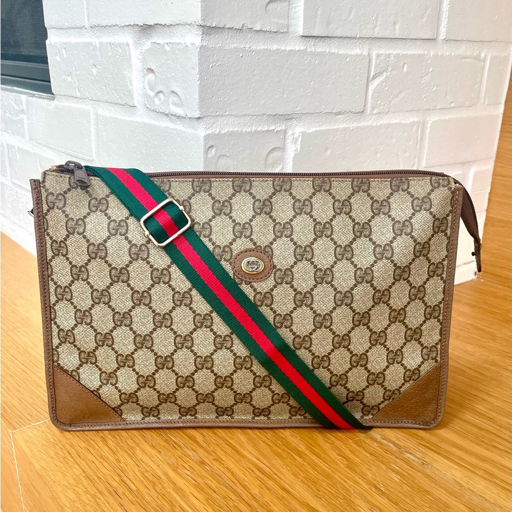 Gucci Brown GG Monogram Crossbody with Green and Red Stripe